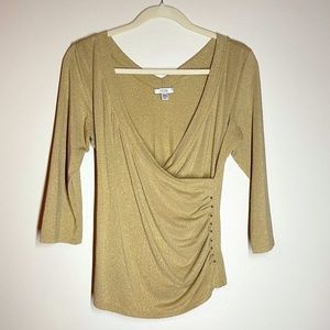 CACHE Gold Metallic V- Neck Wrap Top - Large